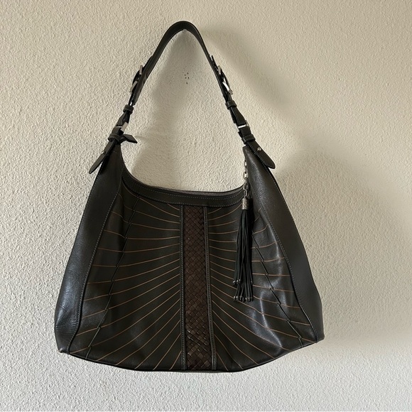 Cole Haan Women’s Leather Shoulder Bag Deep Olive Green Woven Tassel Wester Boho - Picture 1 of 16